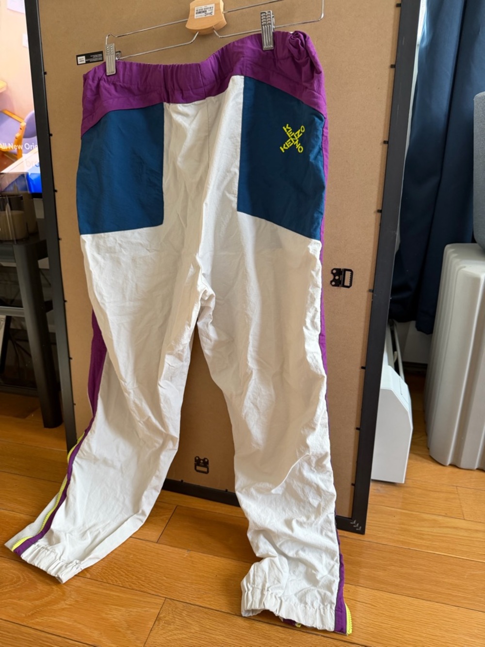 Kenzo Cream, Navy & Purple Colorblock Track Pants with Neon Logo - Picture 6 of 6